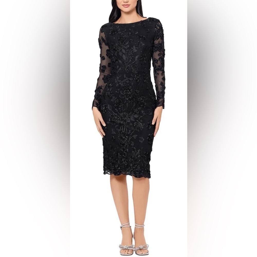 NWT AQUA Floral Embroidered Cocktail Party Dress Midi Long Sleeve Black